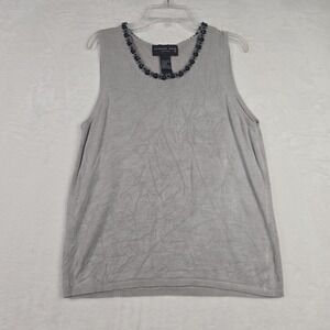 August Silk Petites Womens Gray Silk Sleeveless Shirt Gray Black Floral Neck